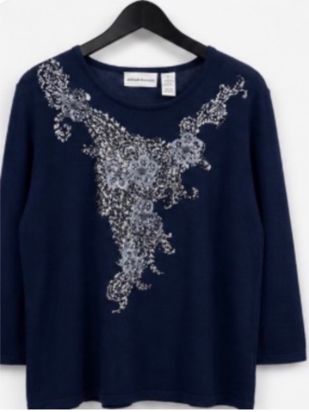 Alfred Dunner Navy Blue Embellished Sweater Women's XL Floral Sequin Beaded Knit - Picture 5 of 6